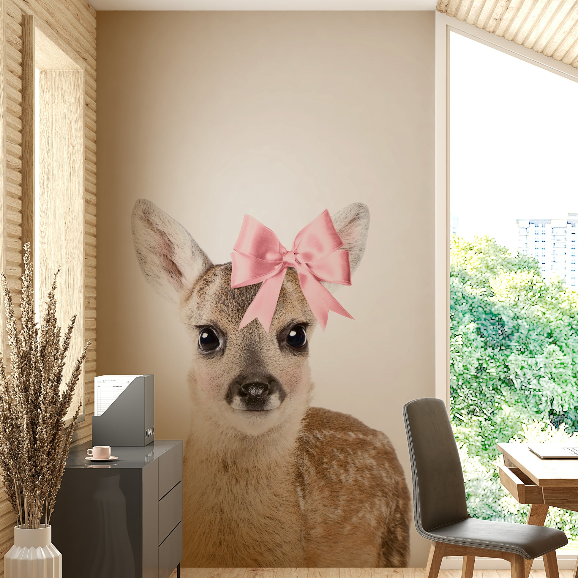 Woodland-themed mural with cute baby fawn design

