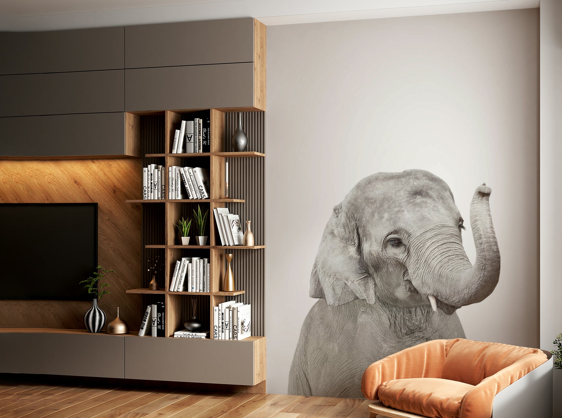 Gentle elephant calf mural for kids’ room

