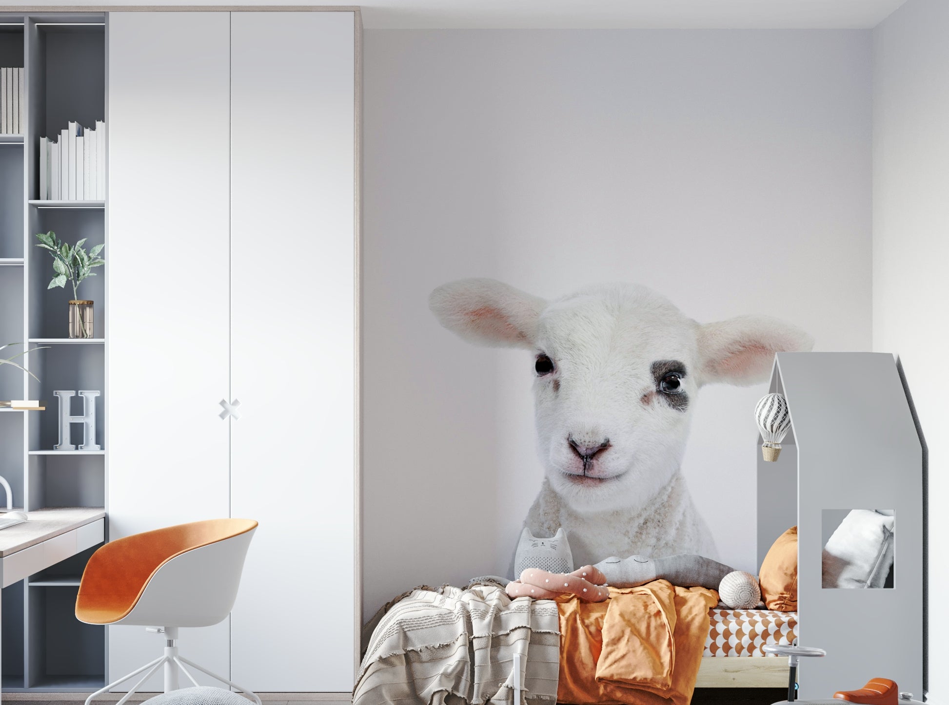 Gentle baby sheep mural for kids’ farm decor

