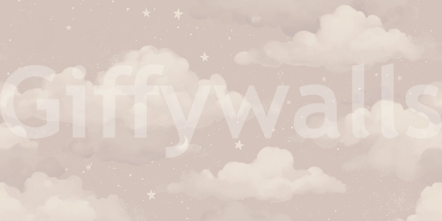 Sweet Dreams Blush wallpaper mural close-up showing soft pink clouds, stars and a crescent moon on a blush sky
