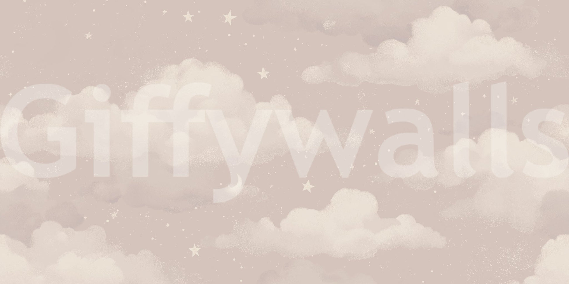 Sweet Dreams Blush wallpaper mural close-up showing soft pink clouds, stars and a crescent moon on a blush sky