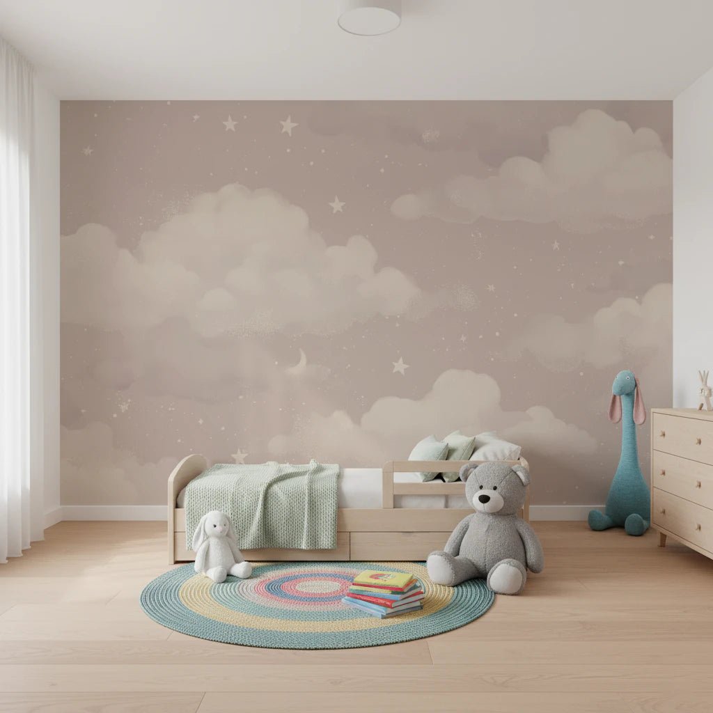Sweet Dreams Blush wallpaper mural of pink clouds and stars in a kids bedroom with a wooden bed and teddy bear