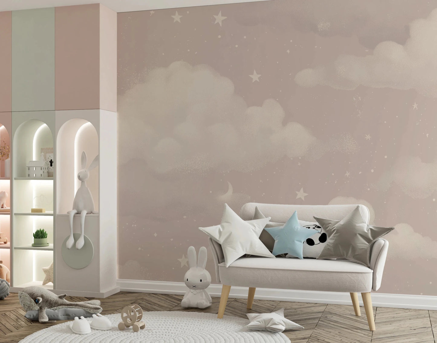 Sweet Dreams Blush wallpaper mural of pink clouds in a kids room with a cream loveseat and star-shaped pillows