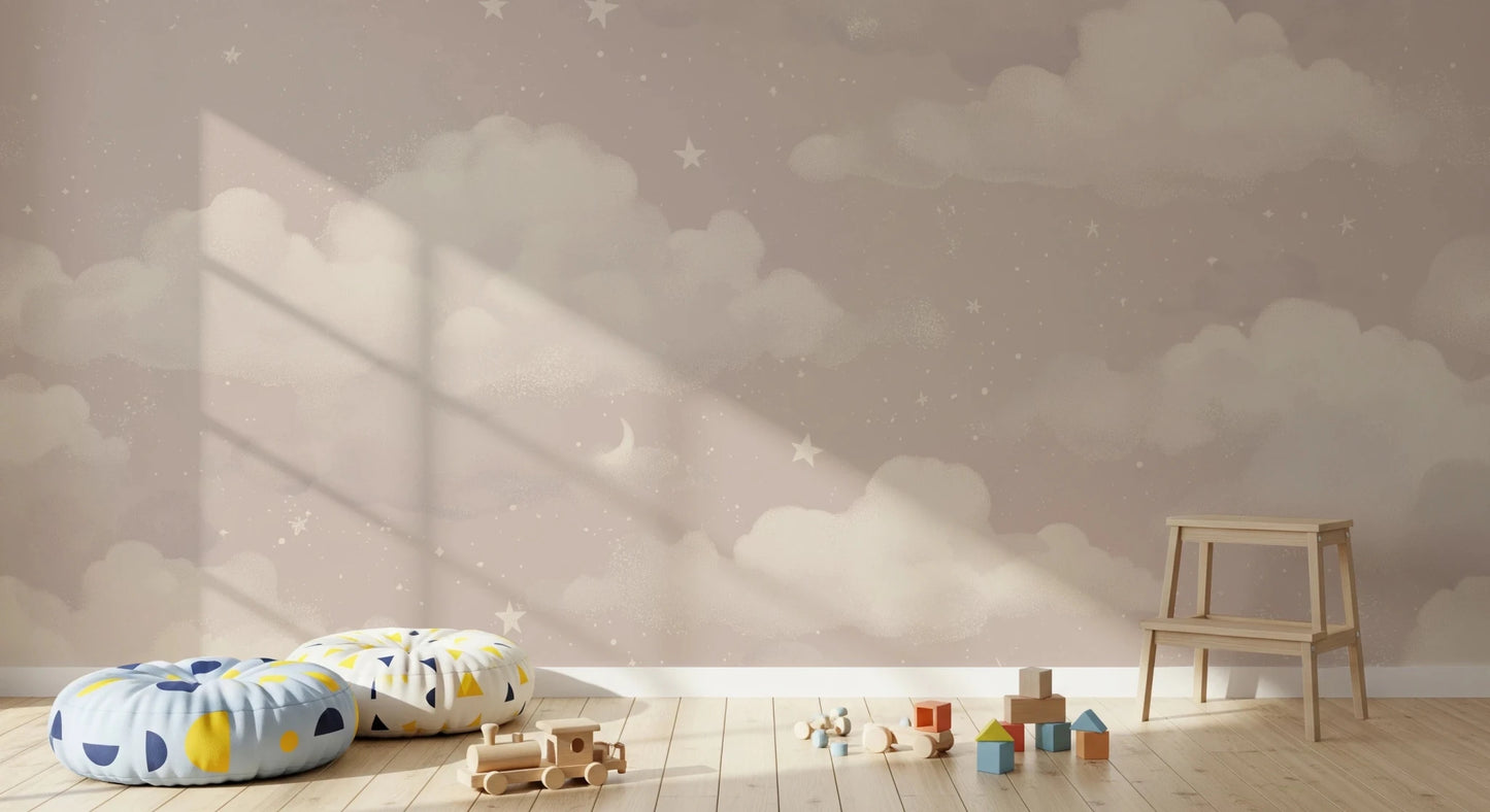 Sweet Dreams Blush wallpaper mural of a blush cloud sky in a kids playroom with floor cushions and wooden toys