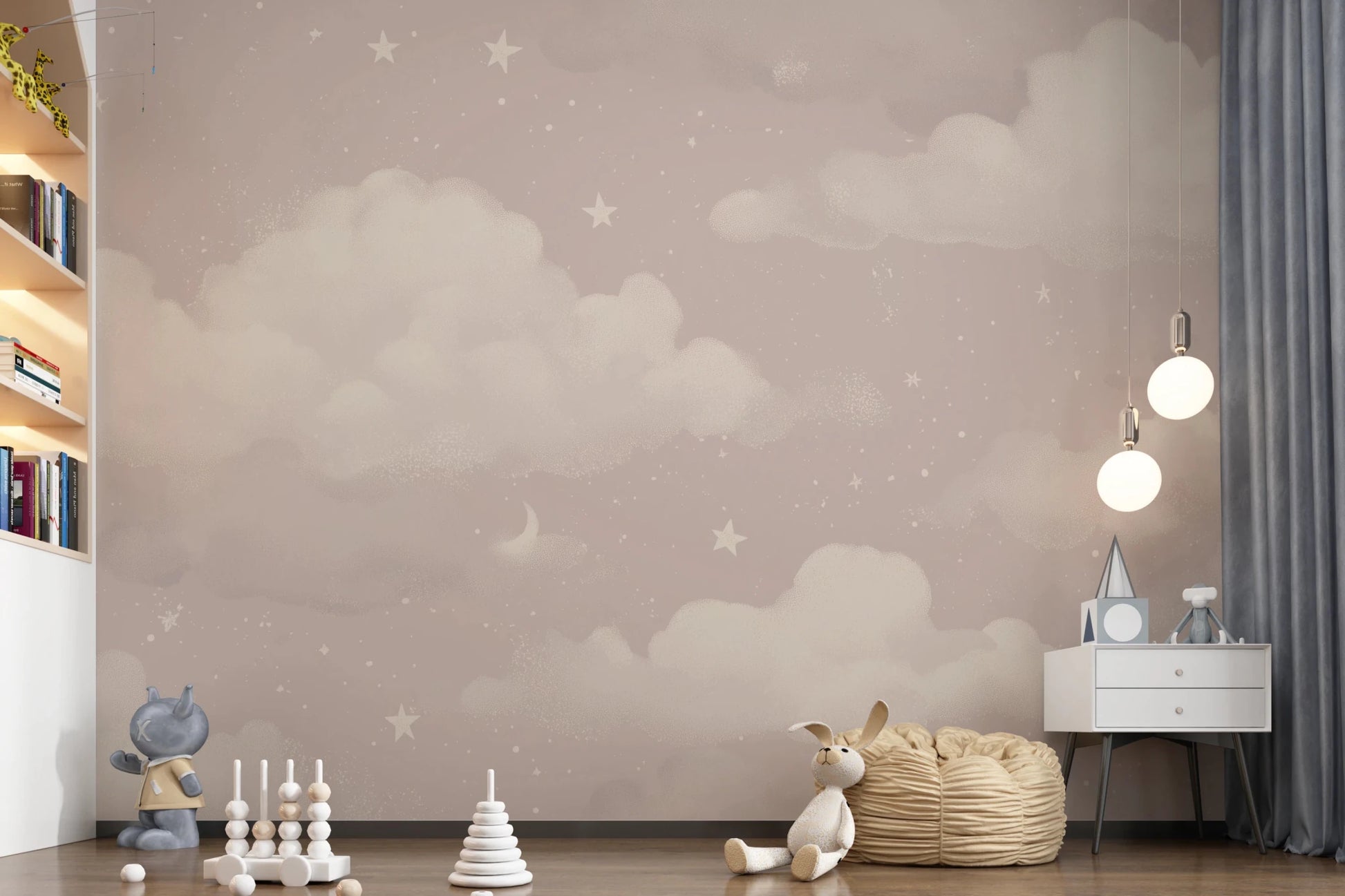 Sweet Dreams Blush wallpaper mural of a blush starry sky in a kids room with a bookshelf and globe pendant lights