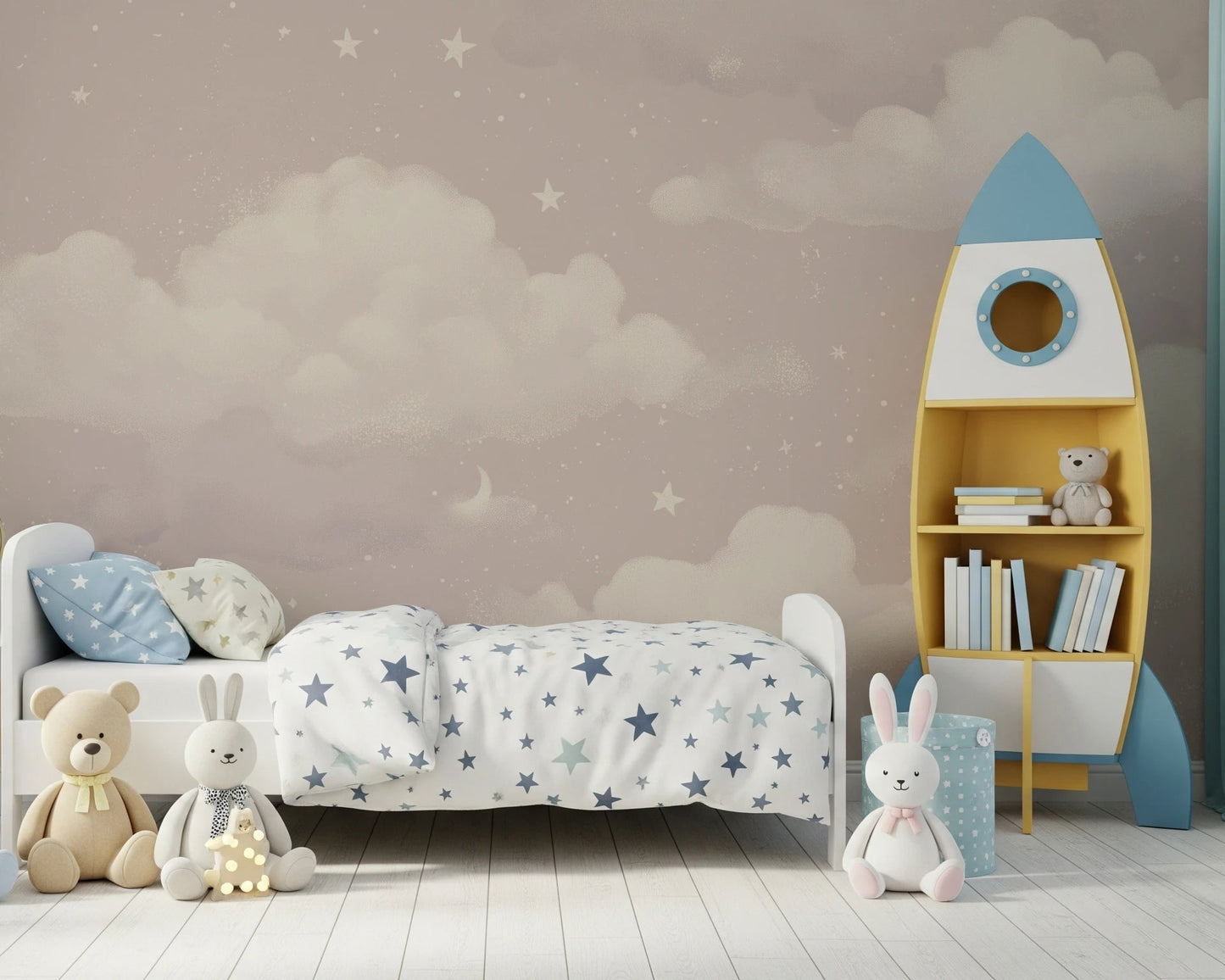 Sweet Dreams Blush wallpaper mural of a blush starry sky in a kids room with star bedding and a rocket bookshelf