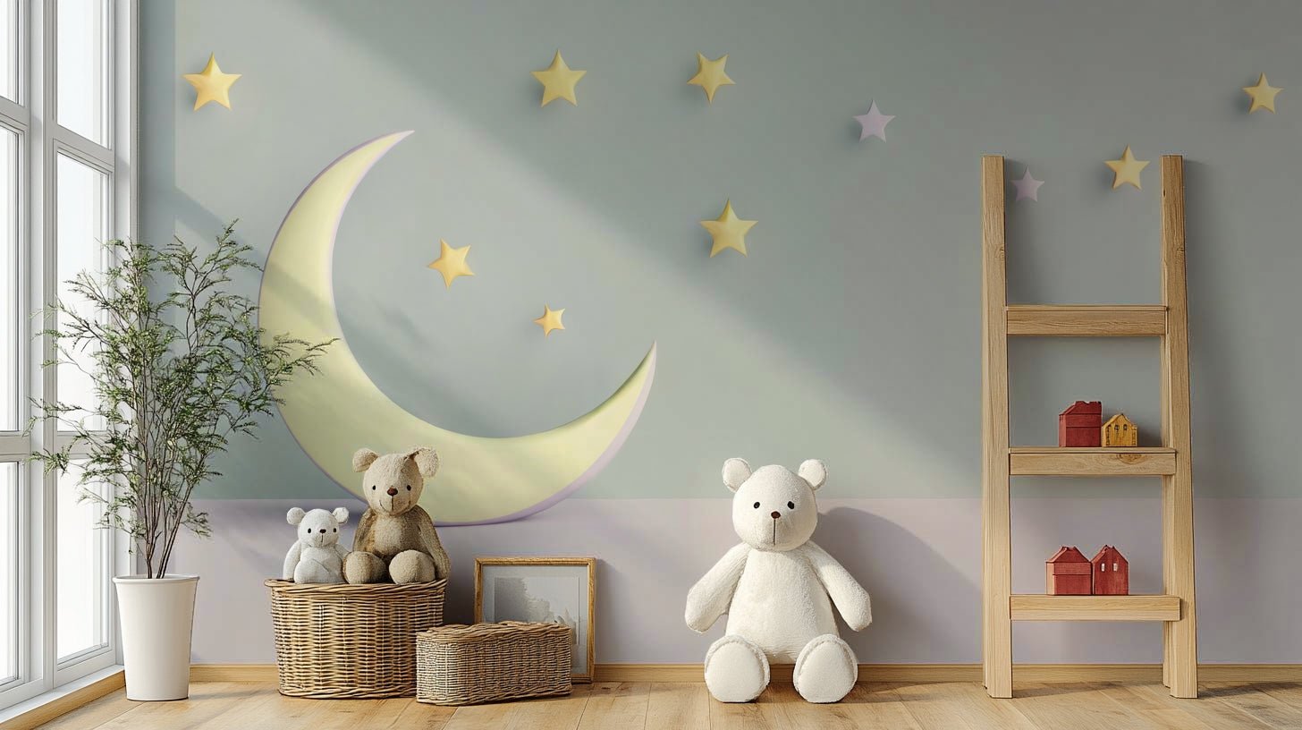 Children’s room wall mural with dreamy moon and clouds

