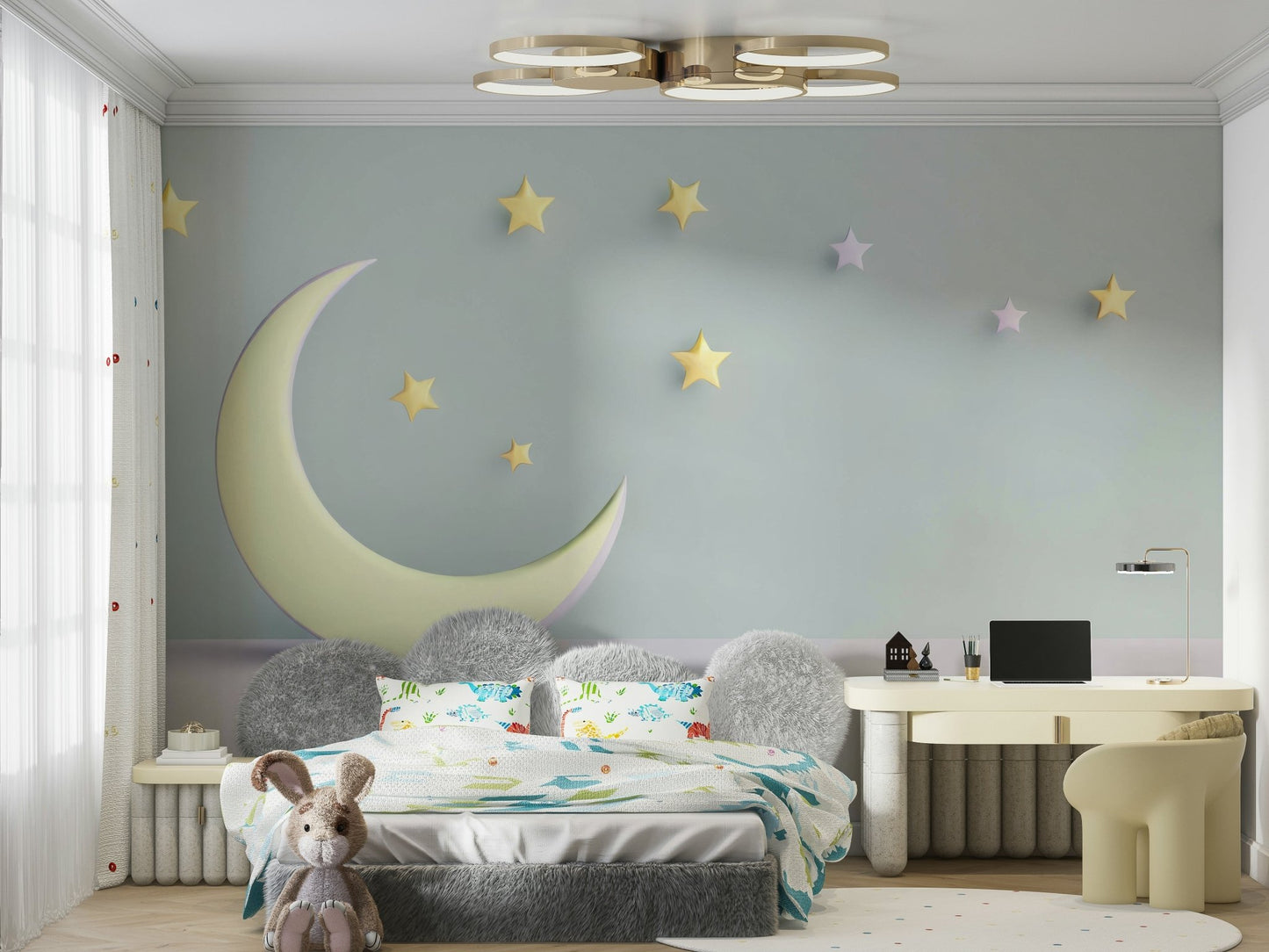 Nursery wall mural showing crescent moon and twinkling stars

