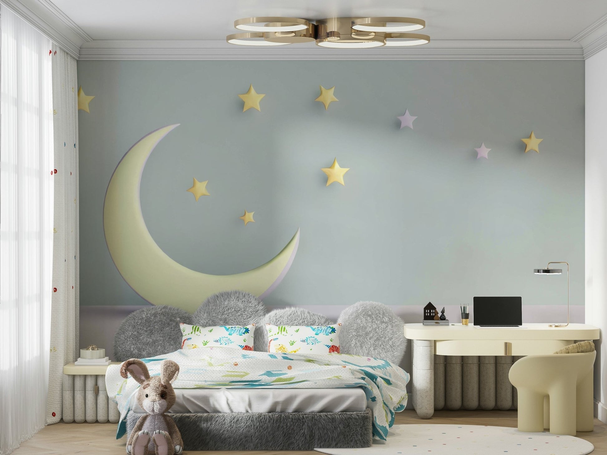 Nursery wall mural showing crescent moon and twinkling stars

