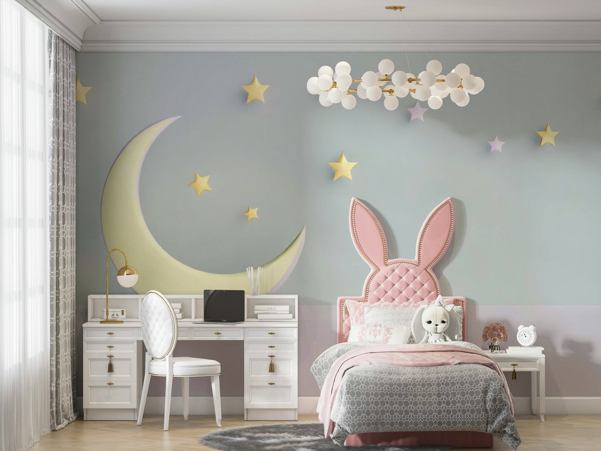 Gentle cloud shapes and moon over crib in wallpaper mural

