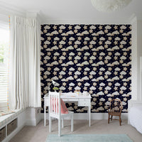 A whimsical wallpaper showing rows of soft clouds and glowing stars in a peaceful night pattern.