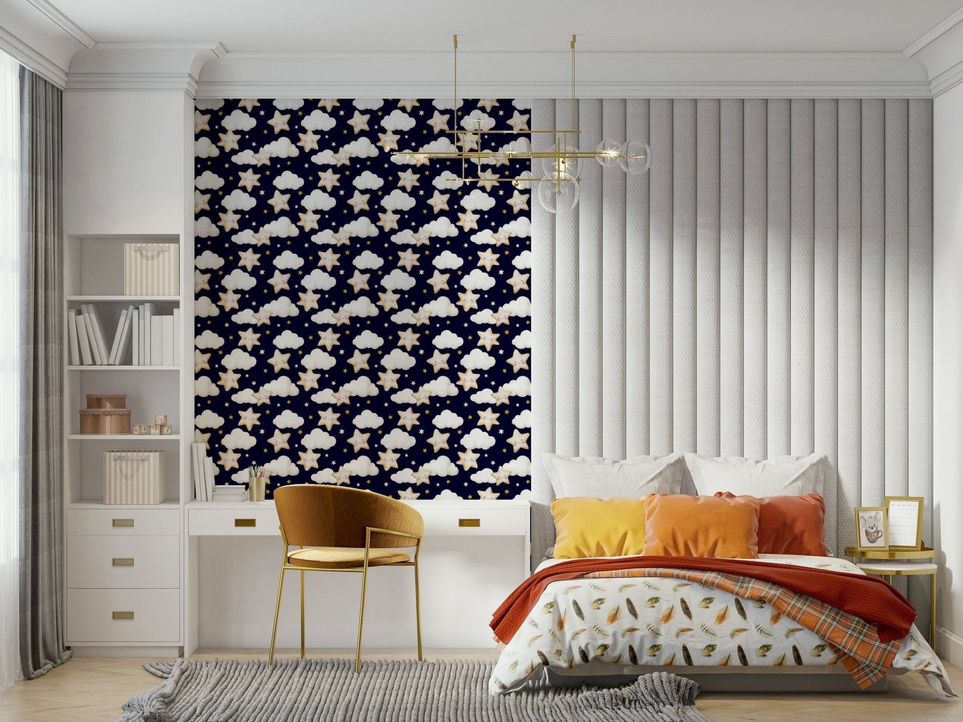 Soft watercolor-style clouds and friendly stars adorning a navy night sky wallpaper.