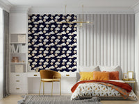 Soft watercolor-style clouds and friendly stars adorning a navy night sky wallpaper.
