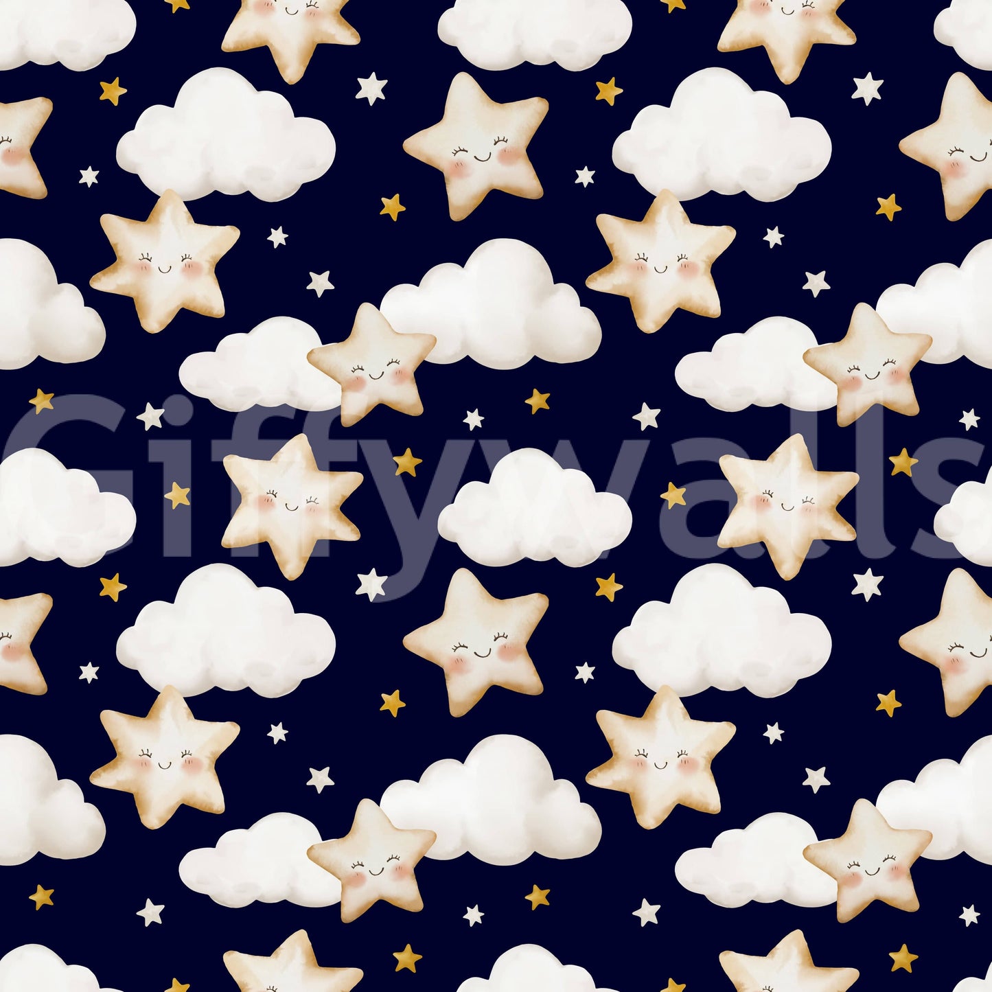 Starry sky wallpaper featuring small twinkling accents and fluffy clouds arranged in a sweet pattern.
