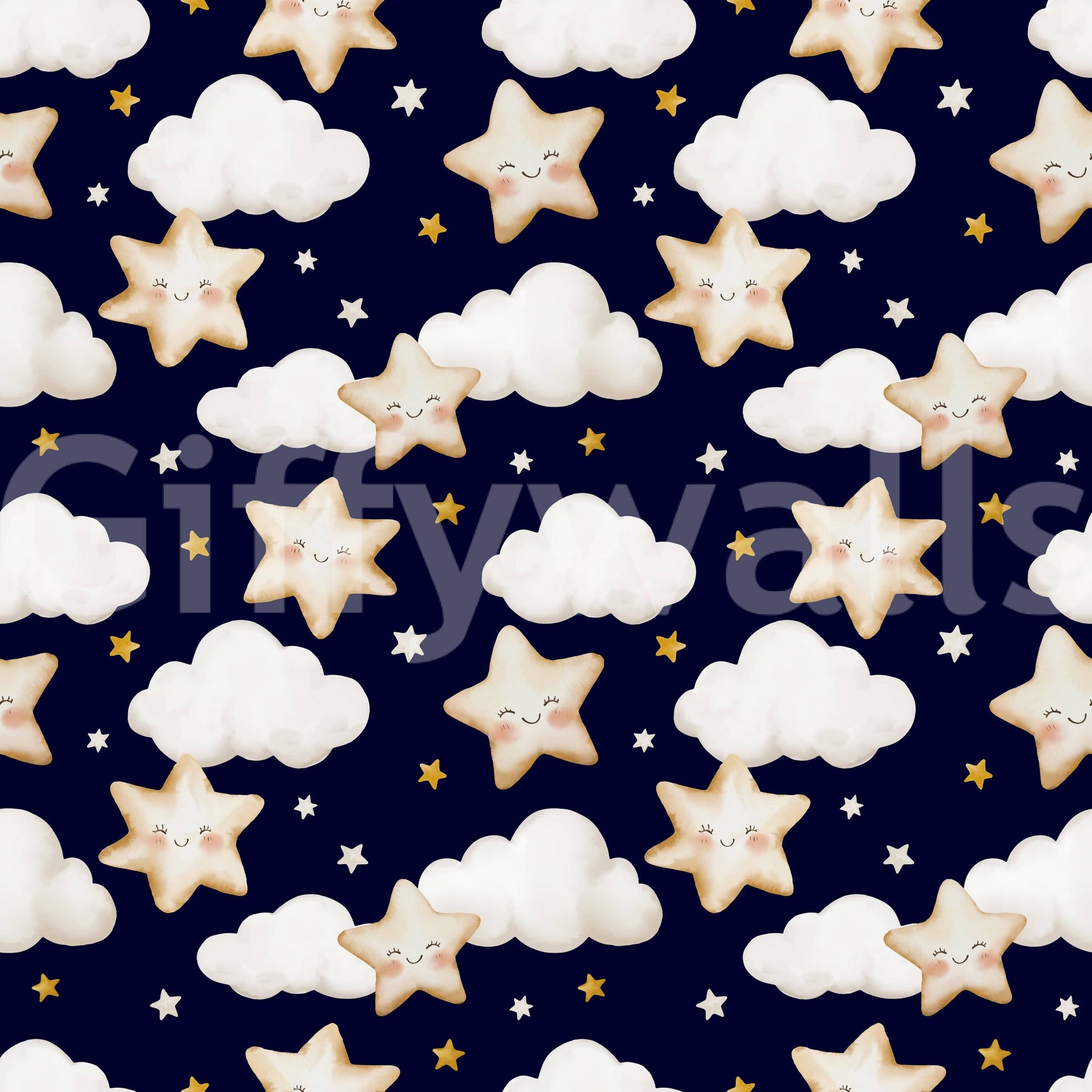 Starry sky wallpaper featuring small twinkling accents and fluffy clouds arranged in a sweet pattern.