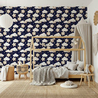 A nursery-friendly wallpaper with cute dreamy stars, tiny sparkles, and floating puffy clouds.