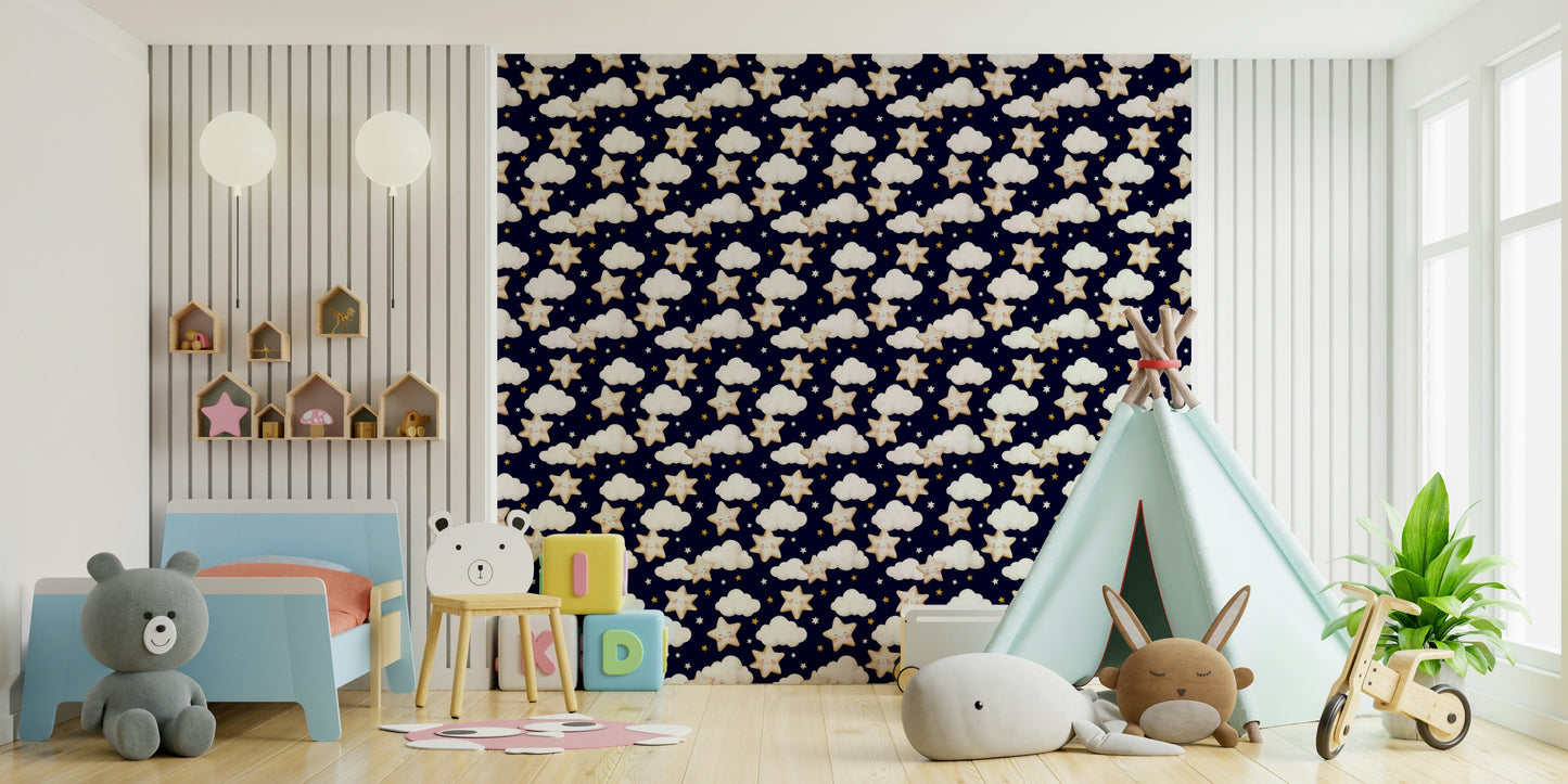 A calming navy wallpaper decorated with fluffy clouds and cheerful golden-edged stars.