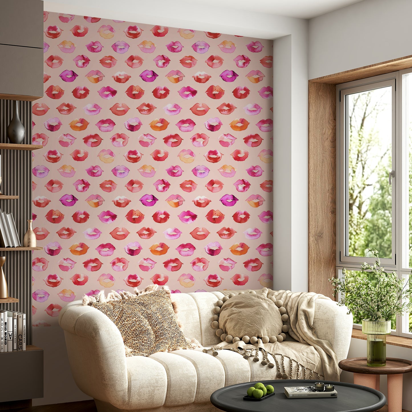Pink lips wallpaper for romantic or beauty-themed rooms.

