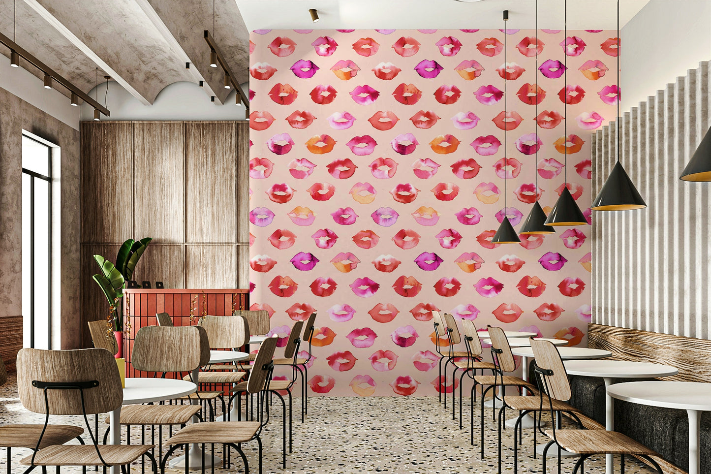 Wallpaper featuring pink lipstick marks on a soft background.

