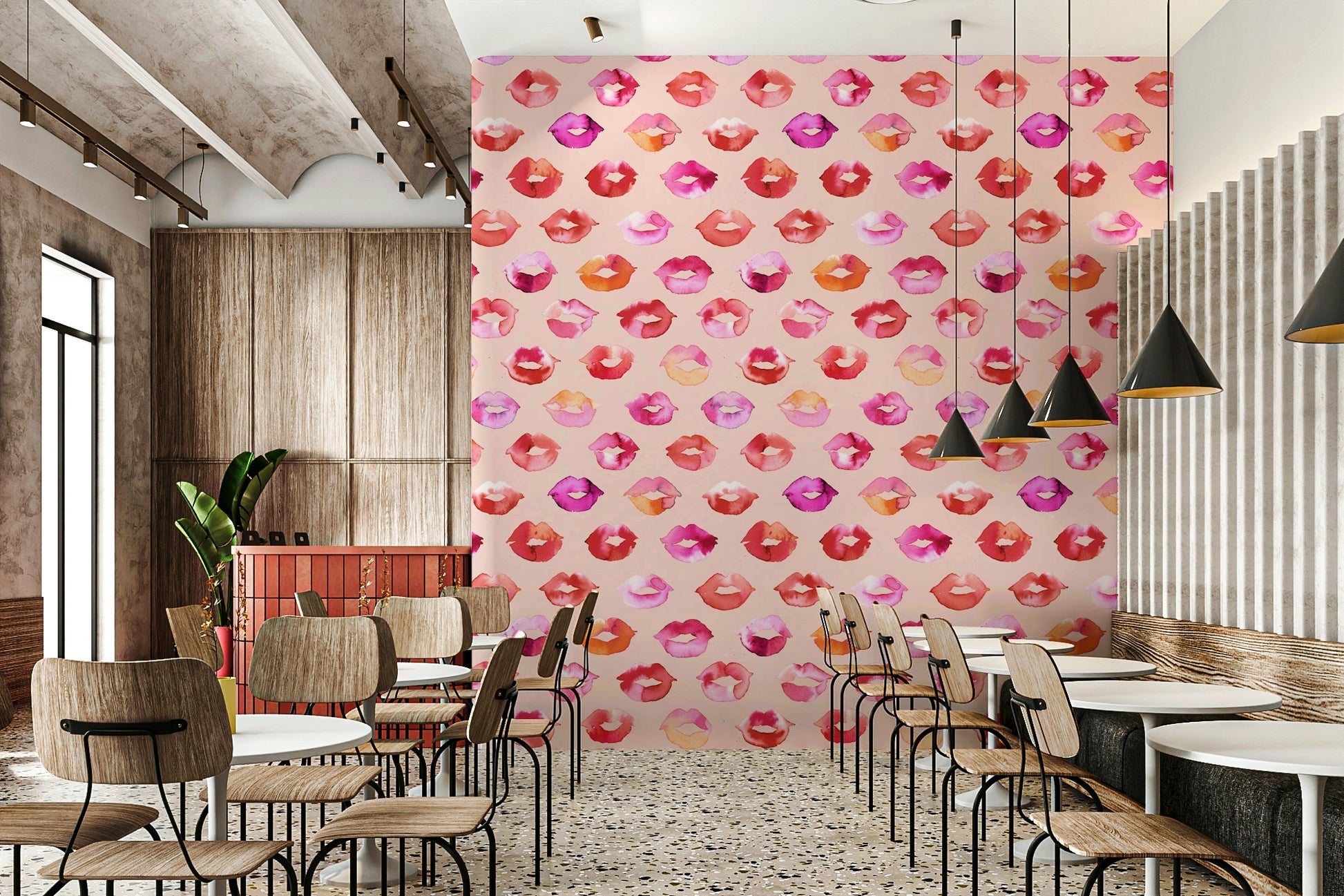 Wallpaper featuring pink lipstick marks on a soft background.

