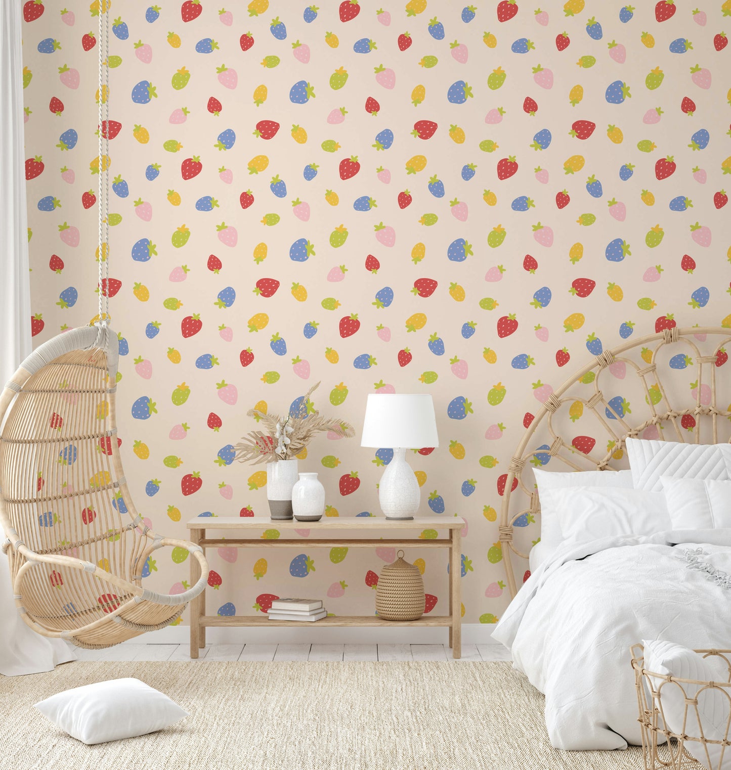 Colorful strawberry wallpaper with scattered berries


