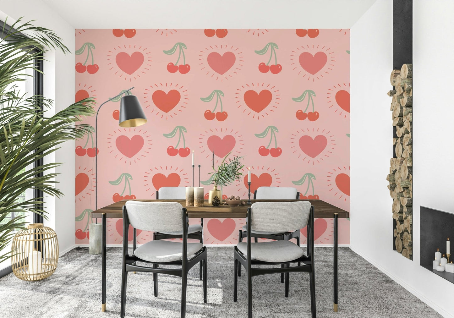 Heart-shaped cherry motif wallpaper in bright tones

