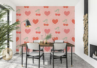 Heart-shaped cherry motif wallpaper in bright tones

