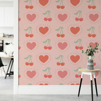 Cherry wallpaper with hearts on light background

