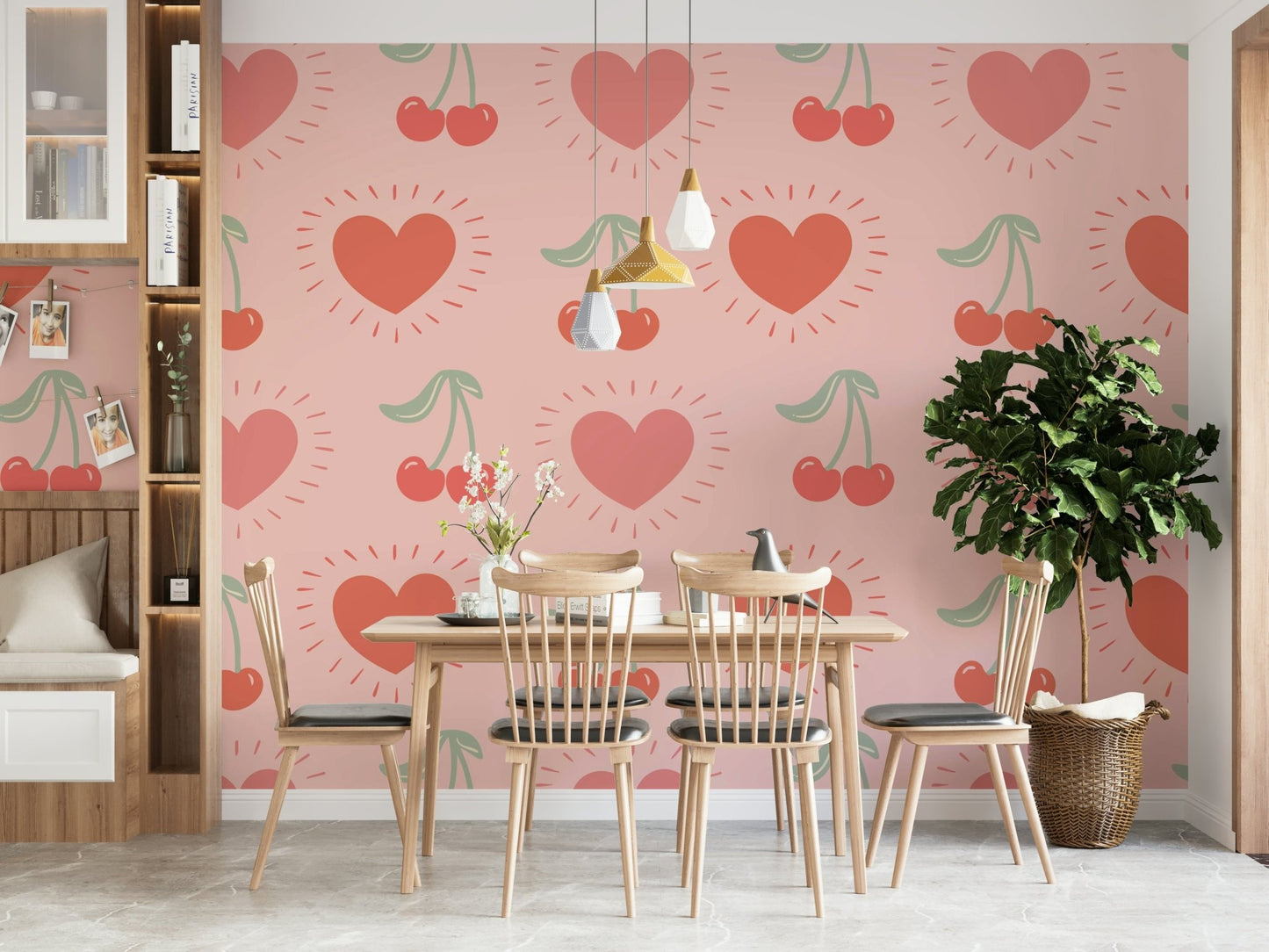 Playful cherry wallpaper with red and pink hearts

