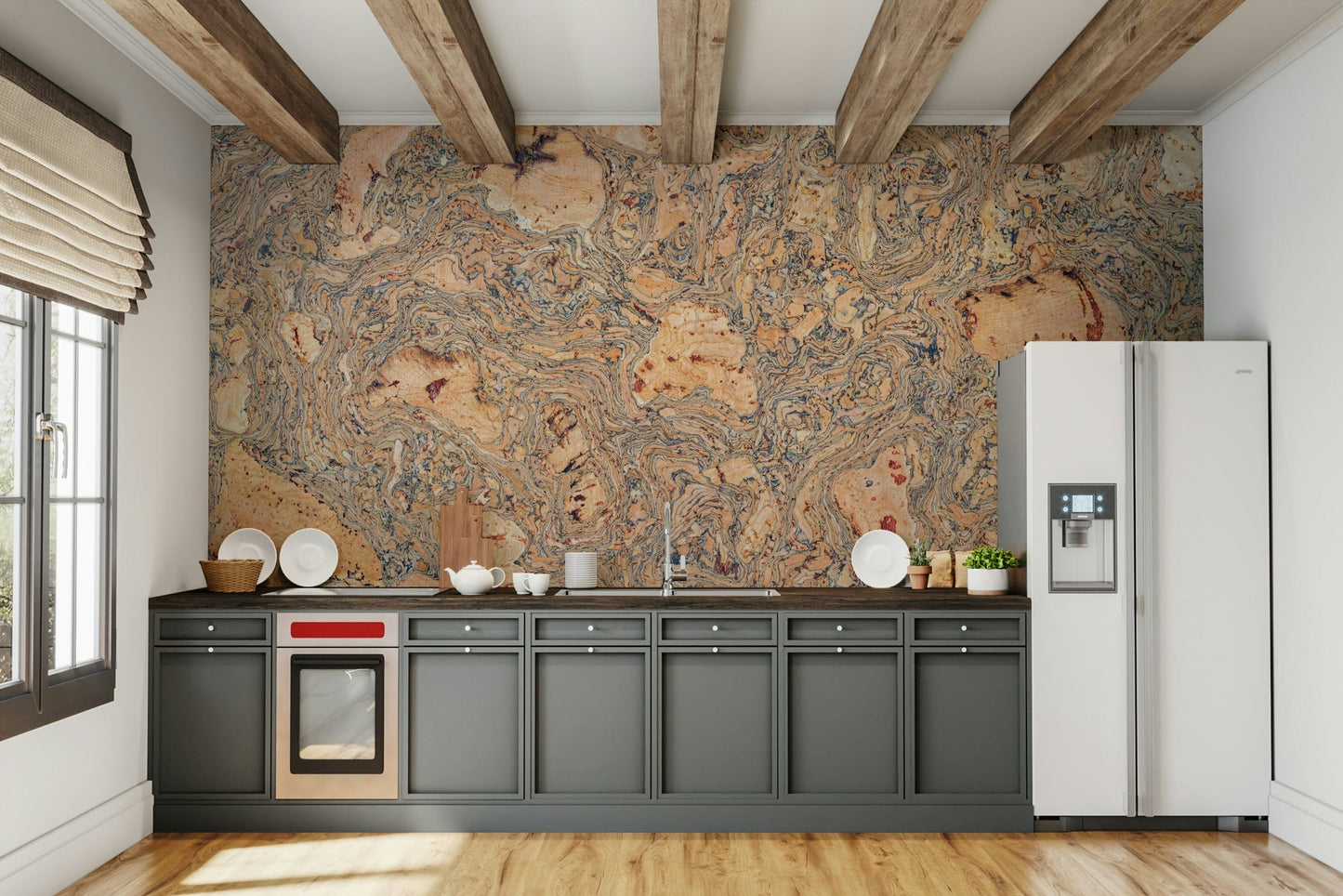 Wall mural with a swirled cork texture.

