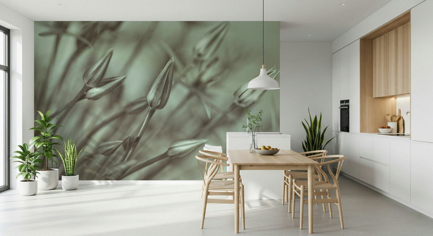 Kitchen space featuring soft green botanical wall finish