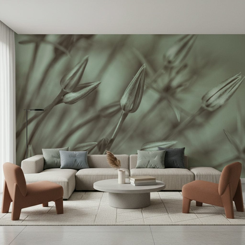 Living room with large scale sage allium floral motif
