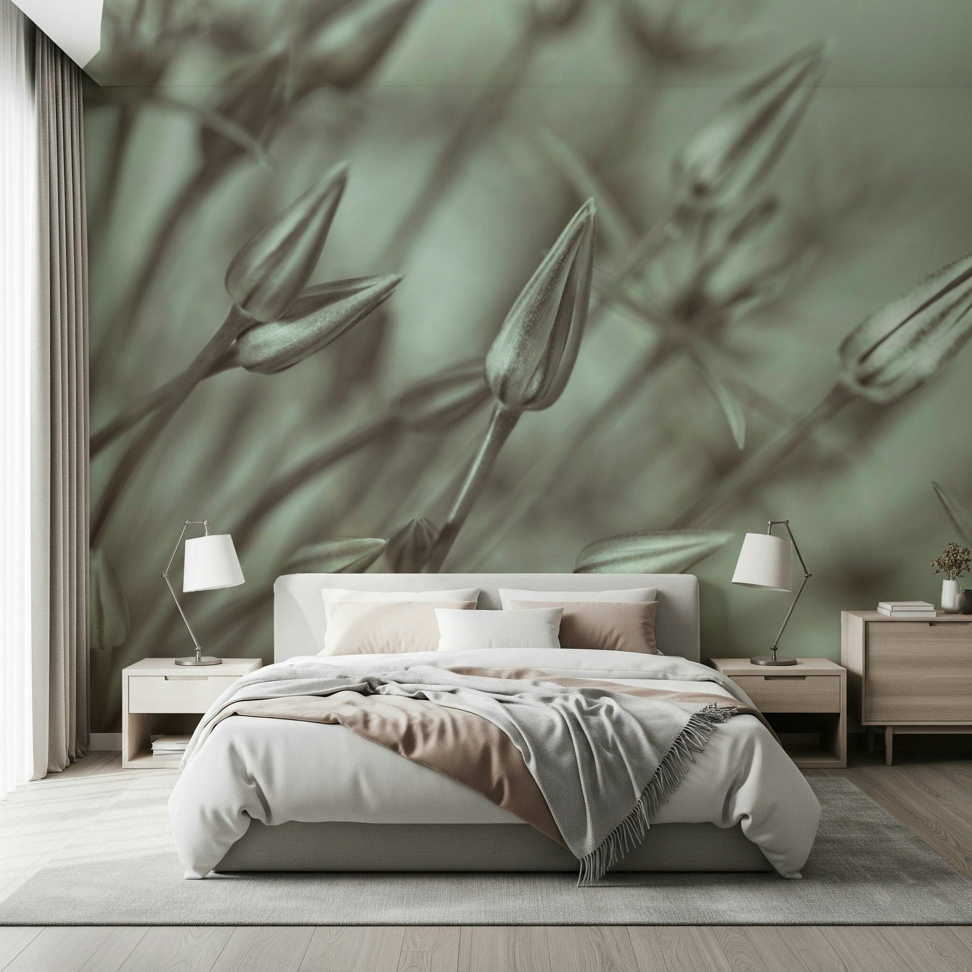 Calming bedroom space with sage green floral wall mural