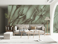 Neutral seating area with soft sage green allium mural