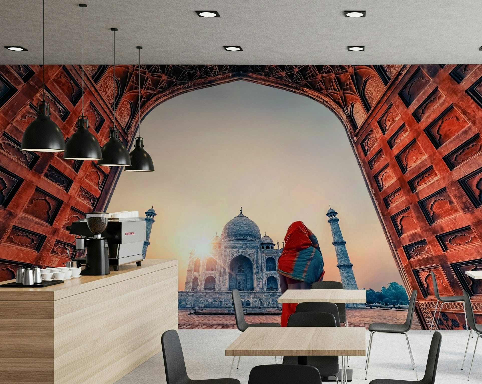 Iconic dome and minarets Taj Mahal at sunset wallpaper for walls golden light.