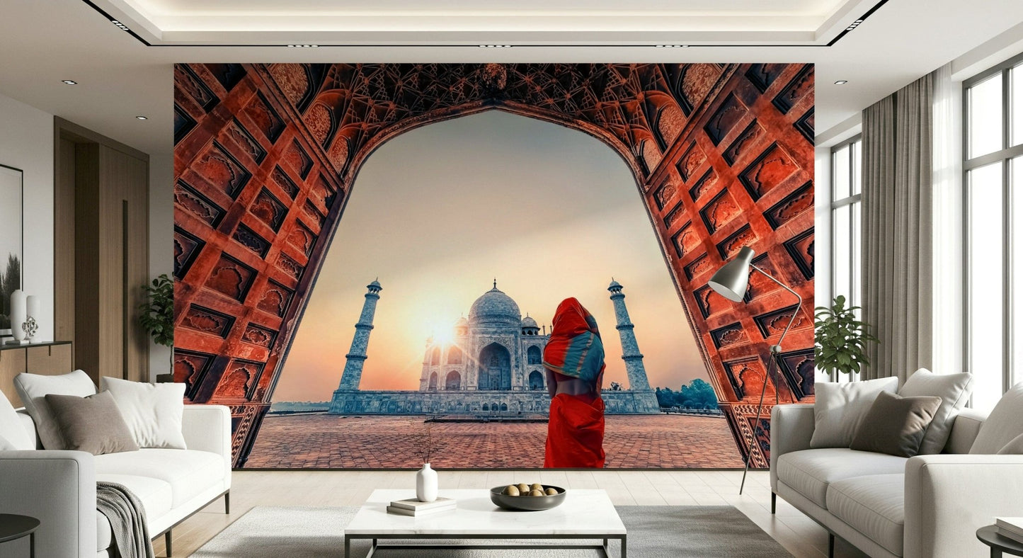 Taj Mahal at sunset wallpaper for walls sunrise view architectural archway.