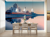Artistic Taj Mahal wall mural with subtle purple wallpaper tones