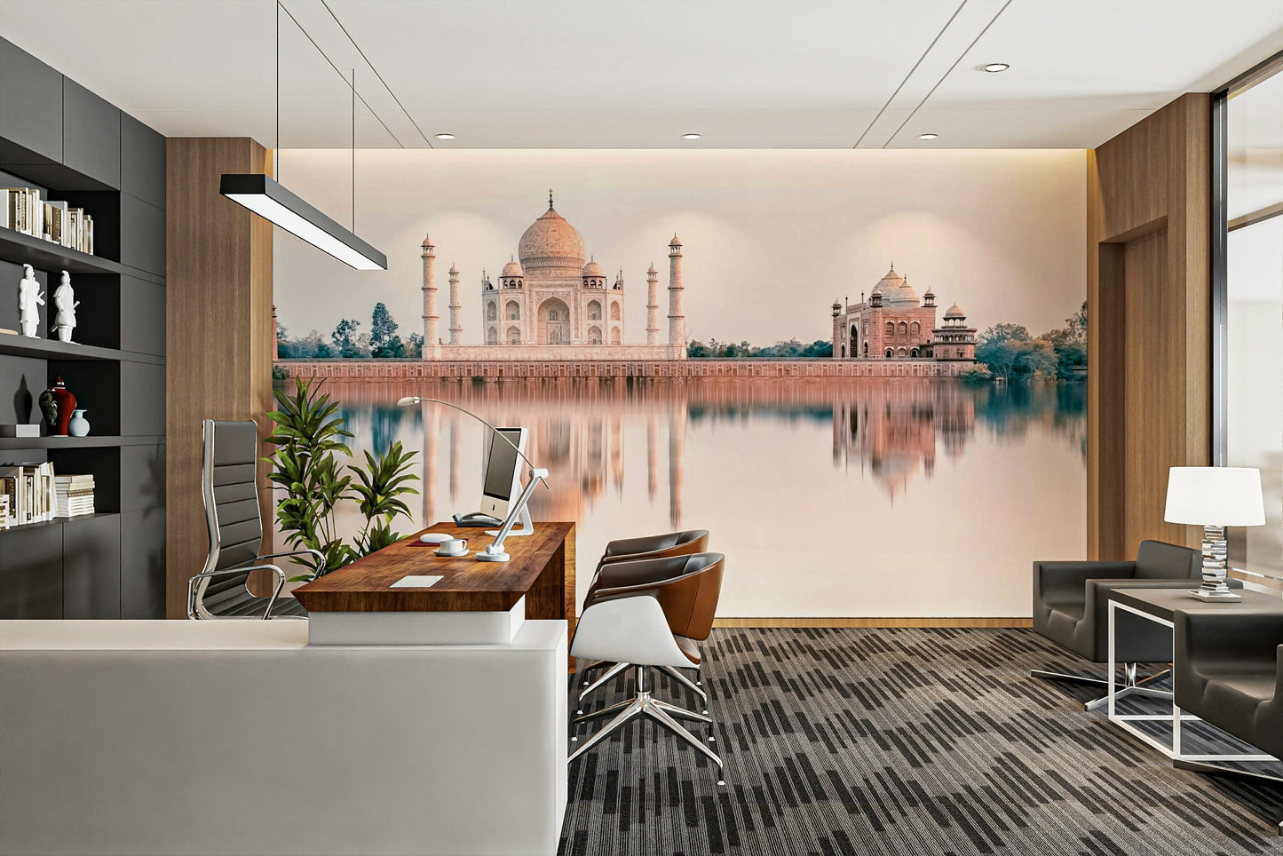 A peaceful water reflection mural on decorative wallpaper.

