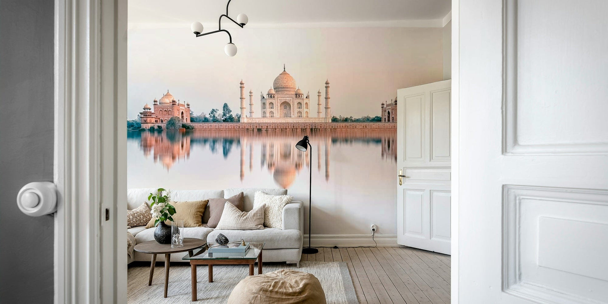 An artistic architectural mural on minimalist wallpaper.

