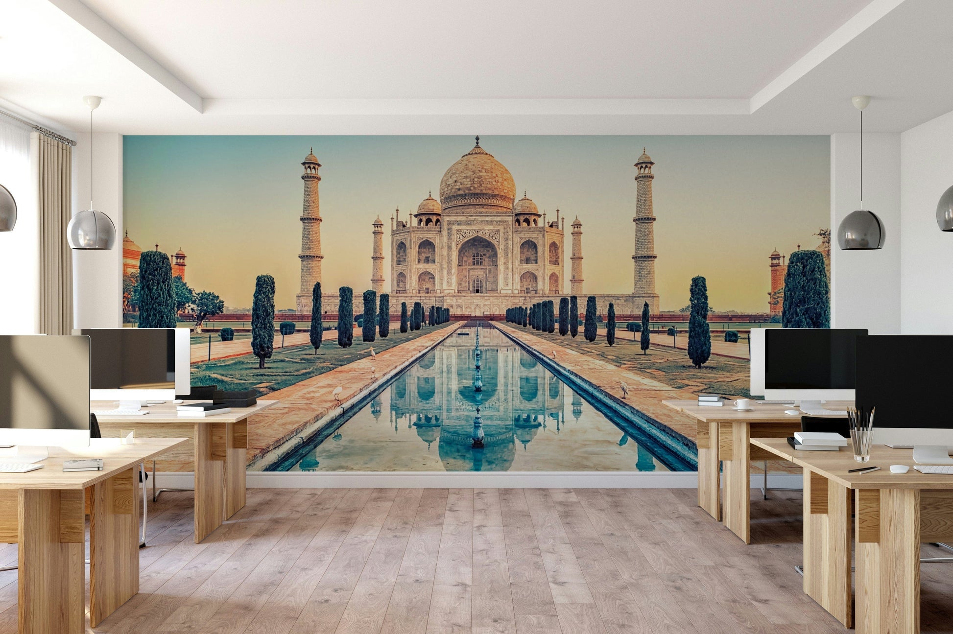 A calming iconic structure wallpaper mural that defines a space.

