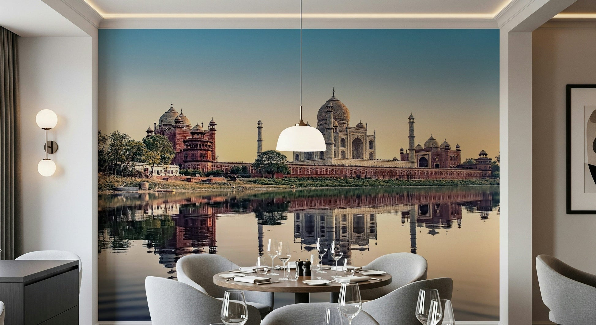 Large scale Taj Mahal's Reflection Wall Mural in a contemporary dining space.