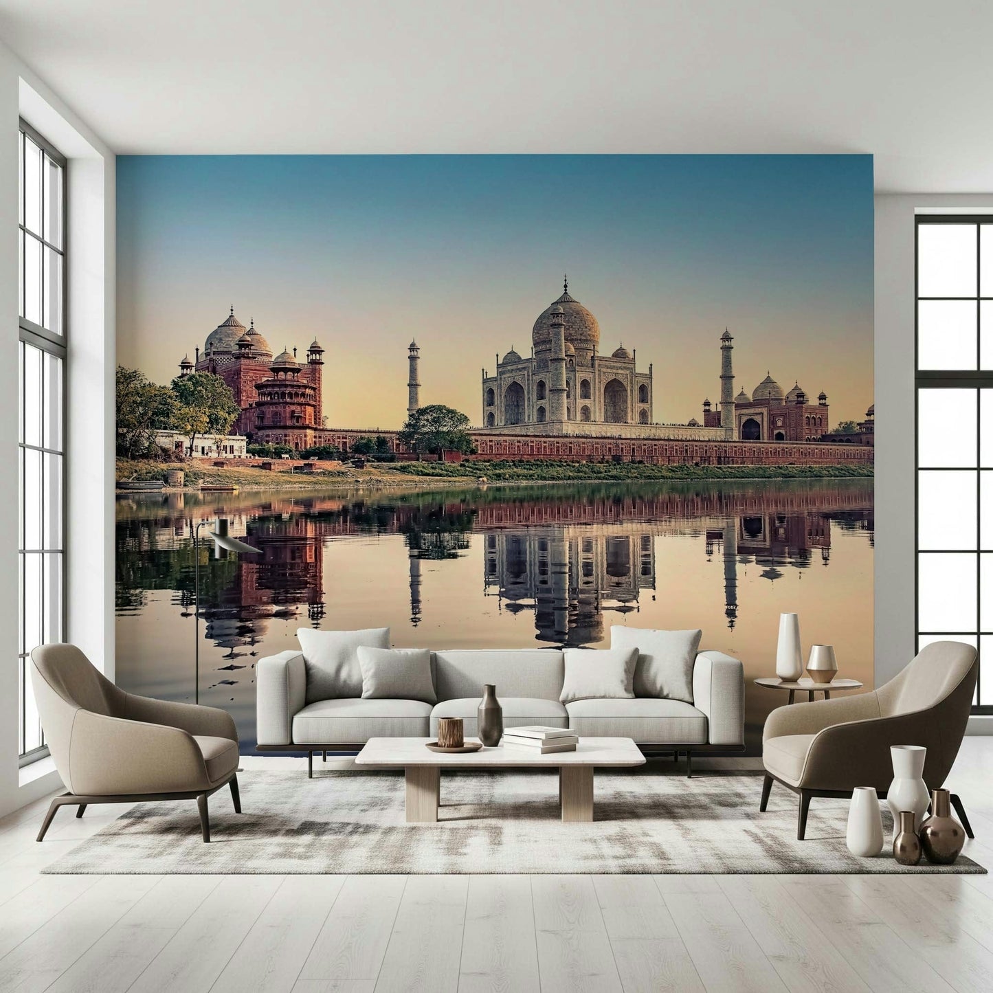 Taj Mahal's Reflection Wall Mural installed in a cozy reading area.