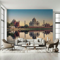 Taj Mahal's Reflection Wall Mural installed in a cozy reading area.