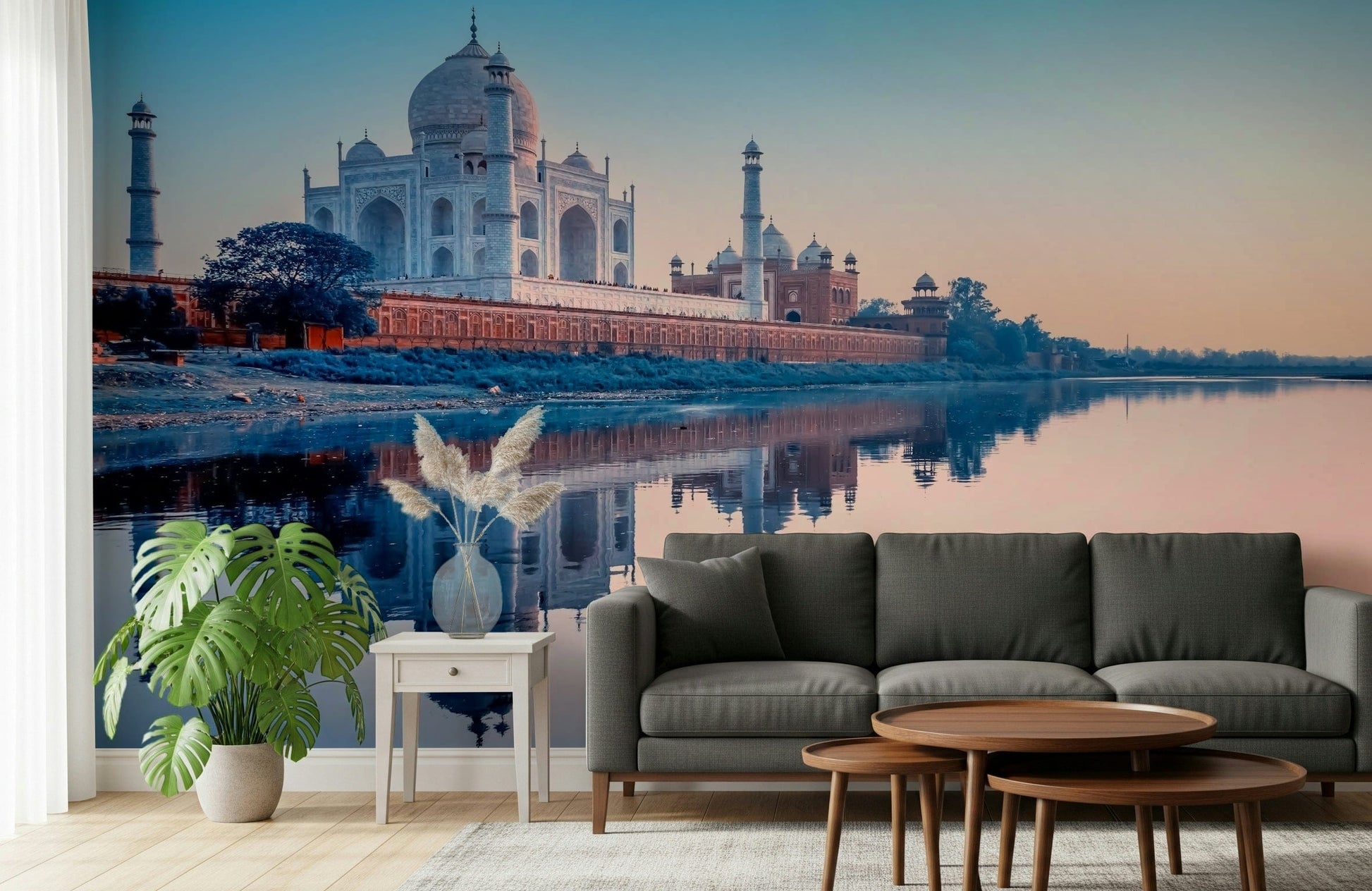 Classic Taj Mahal illustration mural on smooth purple wallpaper