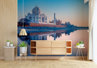 Peaceful Taj Mahal dream mural paired with muted purple wallpaper shades