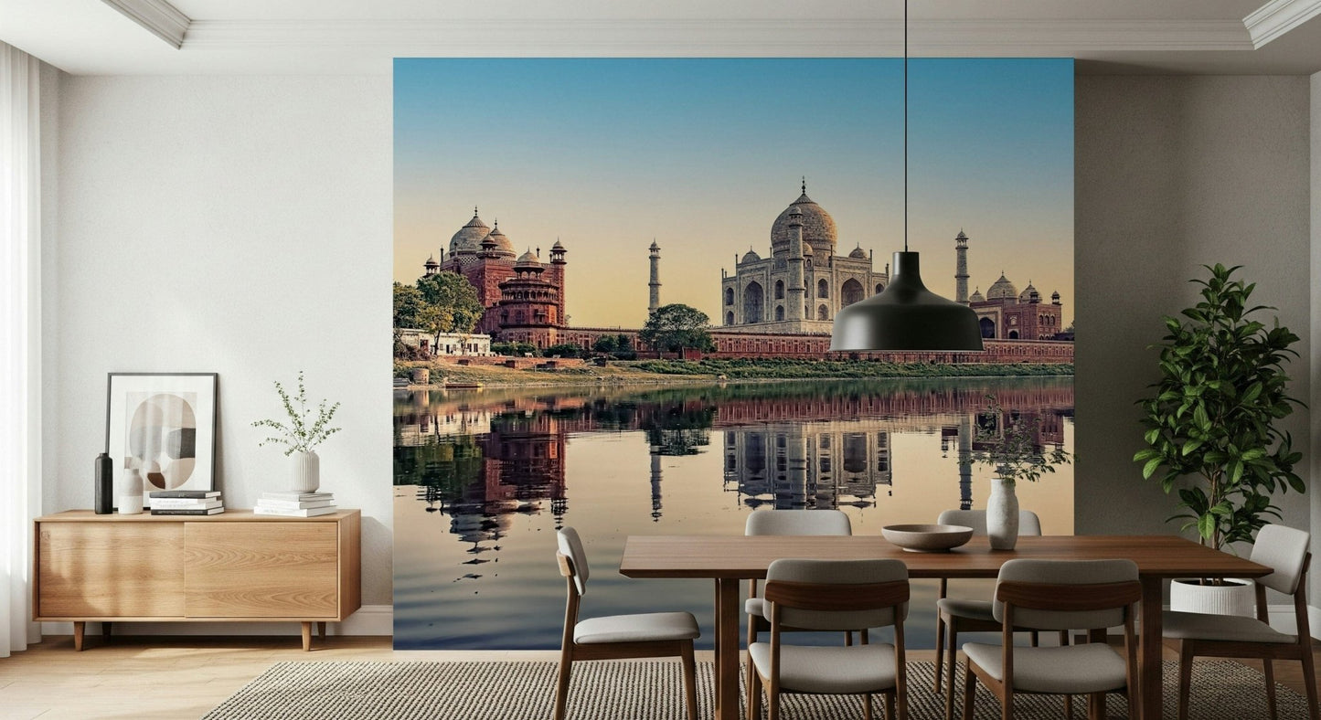Symmetrical landmark wallpaper for a modern home office feature wall.