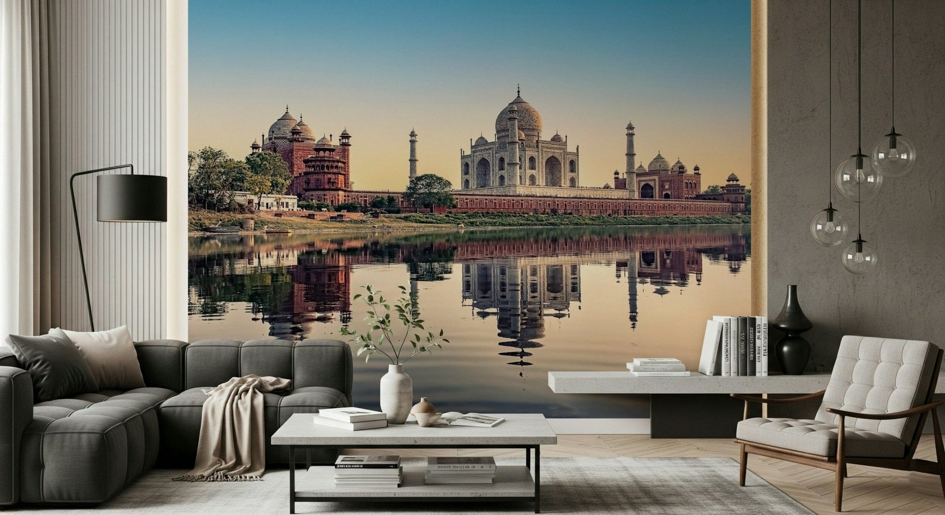 Architectural landscape wallpaper for a small studio apartment lounge.