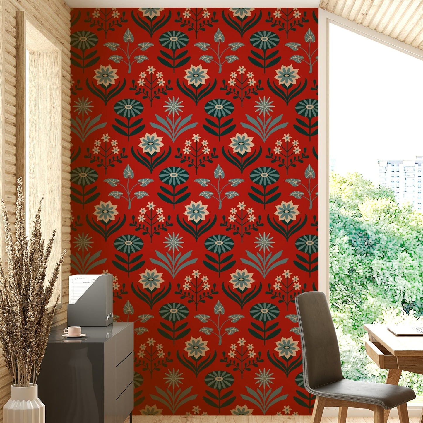 Ideal wallpaper for a living room, dining room, or study.

