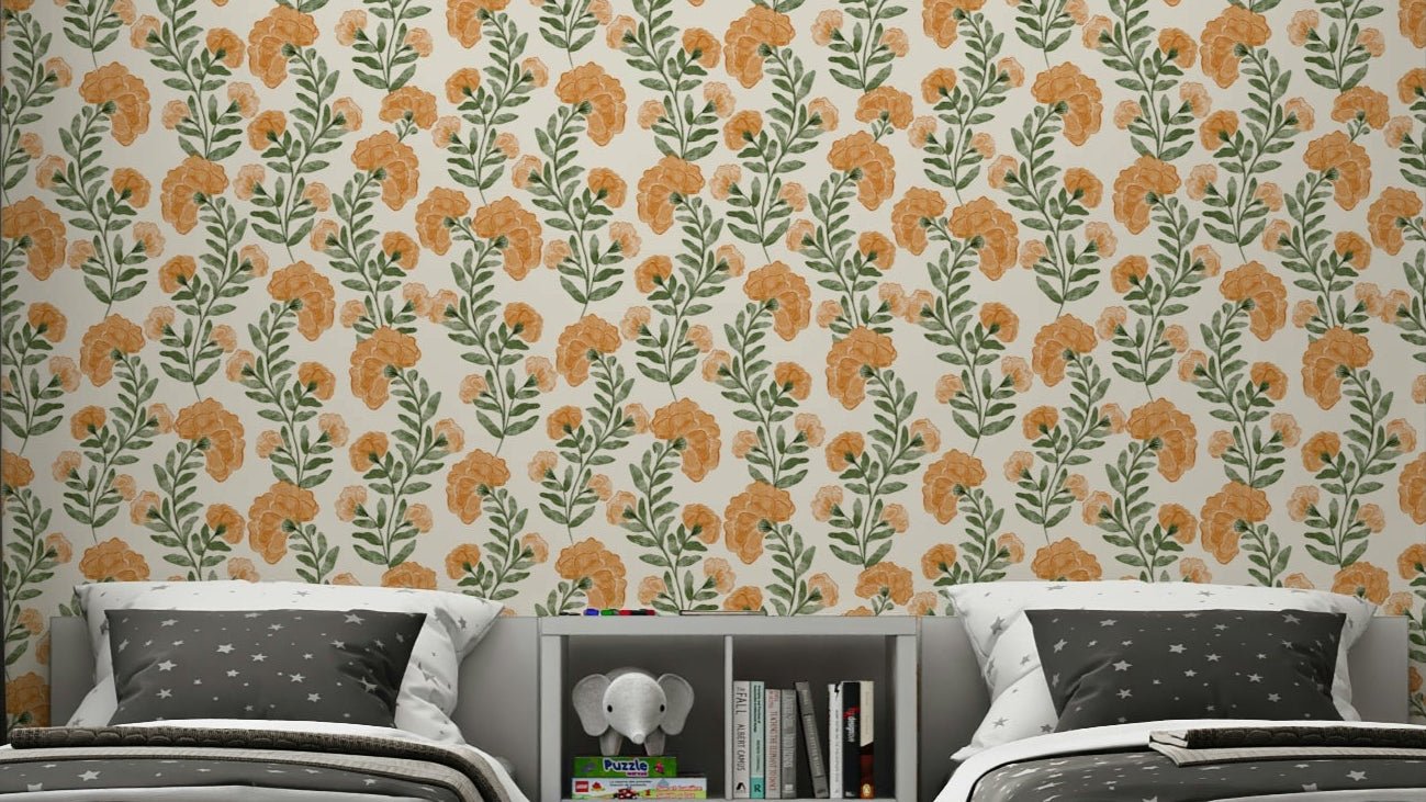 The colors are warm, vibrant tones of orange and gold.

