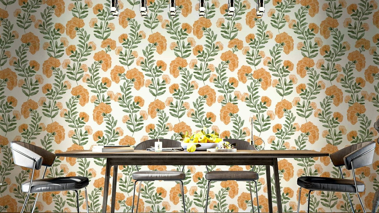 The image shows a repeating pattern of bright, tangerine flowering branches.

